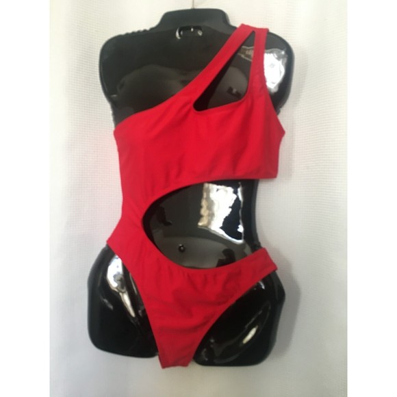 Women's One Piece Swimsuit One Shoulder One Side Cut Outs Red Medium - Picture 2 of 6